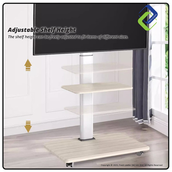 Sleek Pearl White Adjustable TV Floor Stand with Shelf, Refined Mobile Trolley on Wheels, Fits 32–75 Inch Flat & Curved Screens