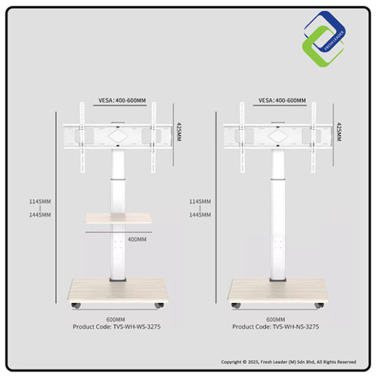 Sleek Pearl White Adjustable TV Floor Stand with Shelf, Refined Mobile Trolley on Wheels, Fits 32–75 Inch Flat & Curved Screens