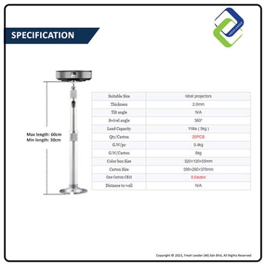 Projector Ceiling/Wall Mount with Extendable Arm 30–60cm – Universal Fit, Strong Support