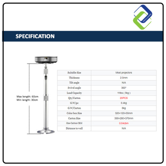 Universal Projector Ceiling/Wall Mount with Adjustable 30-60cm Retractable Arm Universal Projector Ceiling/Wall Mount with Adjustable 30-60cm Retractable Arm